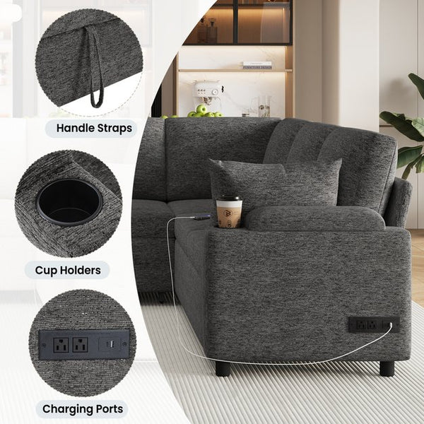 English Elm 109.9" Sectional Sofa Bed U-Shaped Pull-Out Sleeper with Storage Chaise, Cup Holders, USB Ports & Chenille Comfort Grey N719S001910E