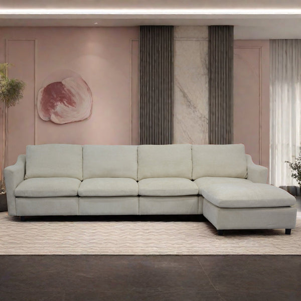 English Elm 4-Seater Modular Cloud Sofa in Beige Fabric with Ottoman, Memory Foam Comfort, Pockets & Pillows W1183S00011