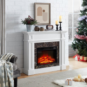 English Elm Electric Fireplace Mantel with Stacked Stone Surround Led Flame and Remote Heater White W2275S00047