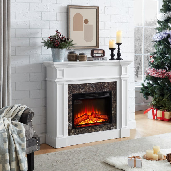English Elm Electric Fireplace Mantel with Stacked Stone Surround Led Flame and Remote Heater White W2275S00047