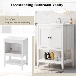 English Elm 24" Morandi White Bathroom Vanity with Ceramic Sink, Solid Wood Frame & Open Shelf, Modern Elegance N725P189823K