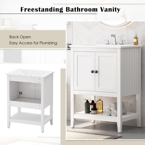 English Elm 24" Morandi White Bathroom Vanity with Ceramic Sink, Solid Wood Frame & Open Shelf, Modern Elegance N725P189823K