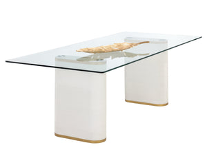Sunpan Aemond 86.5" Elegant Dining Table with Clear Glass Top & White Concrete Legs for Stylish Spaces