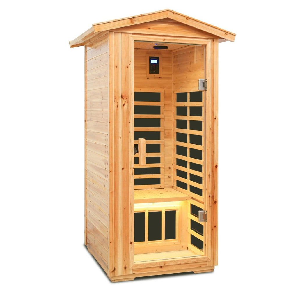 English Elm One Person Outdoor Far Infrared Sauna Aged Fir Wood Spa with Led Audio Panel W632S00013