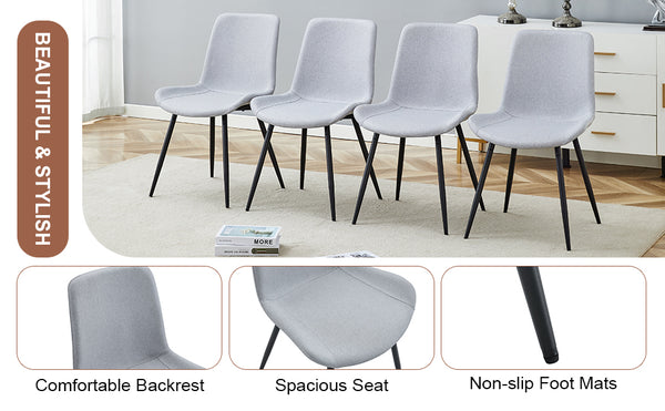 English Elm Comfortable Linen-Cotton Dining Chairs Set of 4 in Light Gray — Ergonomic Curved Cushions, Metal Legs, Breathable Fabric W1151P230557
