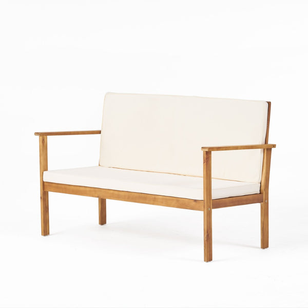 English Elm Beige Outdoor Loveseat Solid Acacia Wood Slatted Back Cushioned Patio Seating N770P356880C