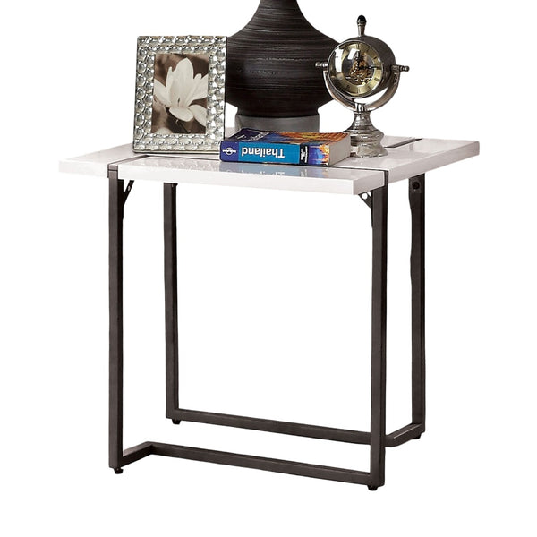 English Elm Contemporary End Table With High-Gloss Lacquer Top And Gunmetal Steel Legs - Modern Sculptural Design B2741S00428