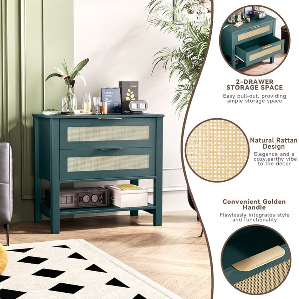 English Elm Rattan Front Boho Coastal Nightstand with Gold Pulls Open Shelf and Woven Drawer Accents Green T3210P471550