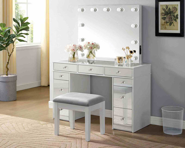 English Elm Contemporary Glam Vanity with Rhinestone Trim and Tempered Glass Top, High Gloss Finish, Illuminated Appeal Gray,White 26 L x 21 W x 32 H B2741S00685