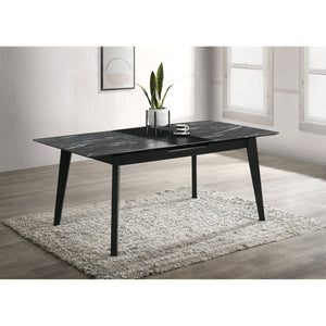 English Elm Bellingham Black Faux Marble Dining Table with Self-Storing Extension Leaf and Splayed Legs, Versatile Elegance B062P354064