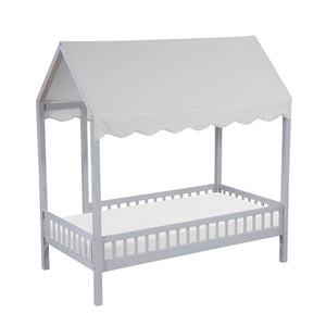 English Elm Gray Finish Canopy Platform Bed Scalloped Fabric Cover Solid Wood Twin Frame Gray B011P463890