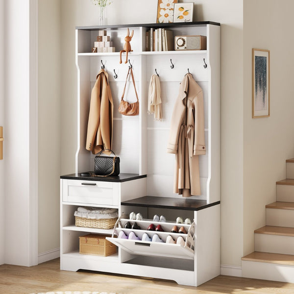 English Elm Hall Tree Entryway Organizer with Bench Seat Shoe Cabinet and Coat Hooks Mdf Farmhouse White+Black T5618P448219