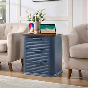 English Elm 22" Fluted Wood Nightstand with Built-in Charging Station Three Drawer Bedside Storage Navy Blue T5326P431149