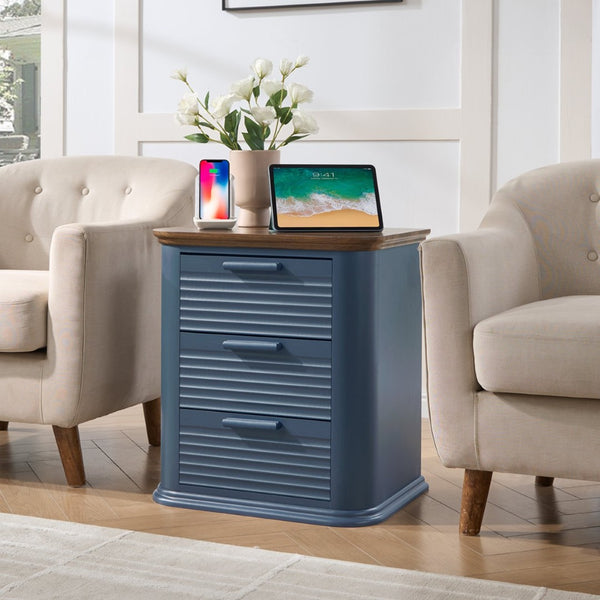 English Elm 22" Fluted Wood Nightstand with Built-in Charging Station Three Drawer Bedside Storage Navy Blue T5326P431149