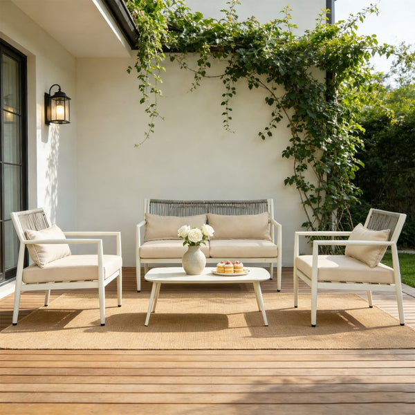 English Elm Outdoor Pe Rope Woven 4 Seat Sectional Sofa Set with Foam Cushions Iron Frame T5880S00013