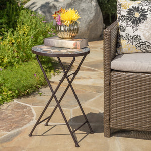 Christopher Knight Home® - Noble House - Silvester Outdoor Beige and Black Stone Side Table with Iron Frame