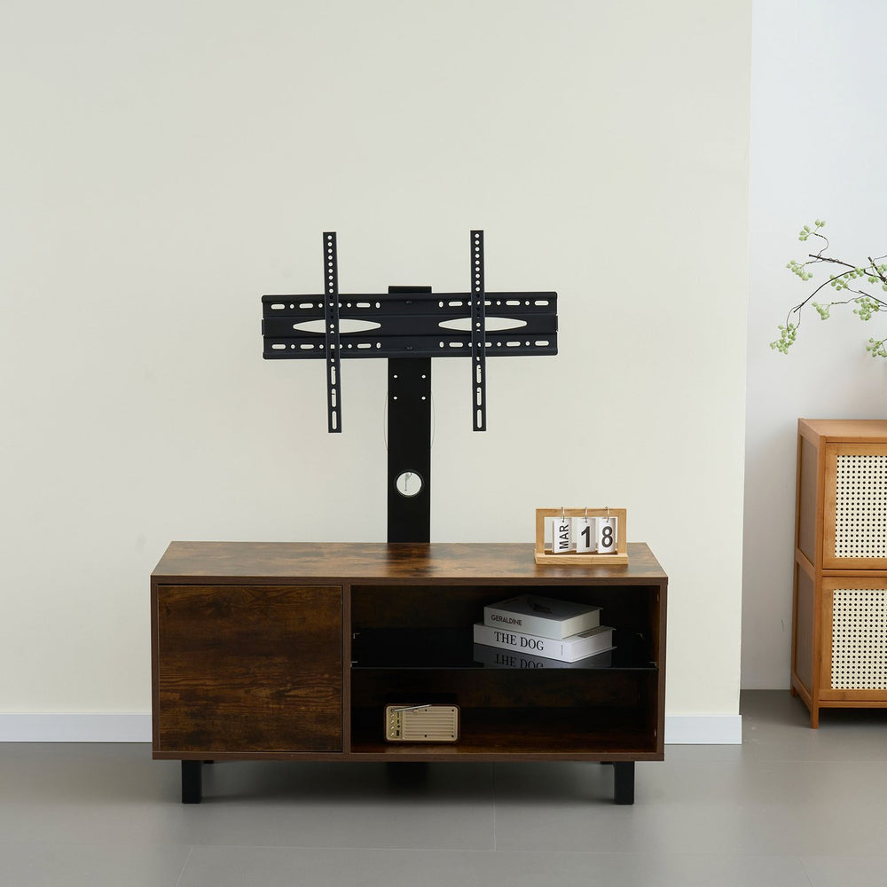 English Elm Rustic Brown TV Console with Push-to-Open Cabinet, 3-Tier Storage, Glass Shelves & Iron Legs for 65" TVs W24135648