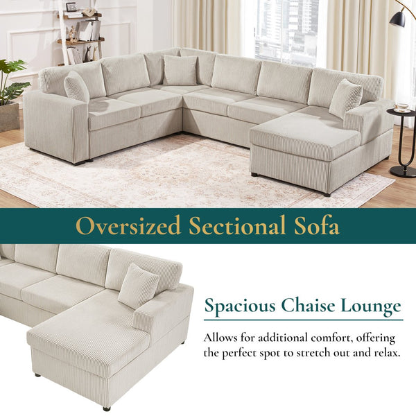 English Elm Oversized U-Shaped Sectional Sofa with Corduroy Upholstery, Deep Cushions, Chaise and 3 Pillows (115.3") Light Gray N719S002060E