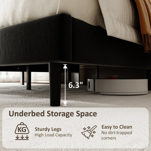 English Elm Queen Velvet Tufted Platform Bed Adjustable Headboard Steel Frame No Box Spring Black W5239P502686