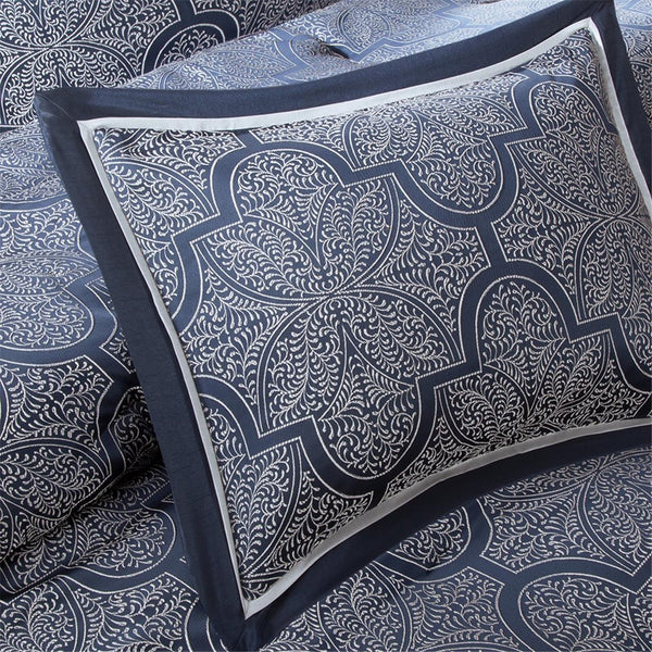 English Elm 8 Piece Jacquard Comforter Set - Elegant Navy Cal King With Metallic Shimmer And Decorative Pillows B03596805