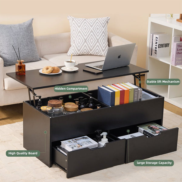 English Elm Lift-Top multifunctional coffee table with hidden compartment, 2 drawers & ergonomic lift for laptop dining W2282P188572