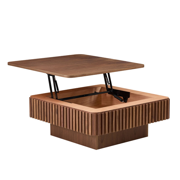 English Elm 35.43 Inch Modern Handcraft Drum Coffee Table Square Lift-Top with Hidden Storage & Wood Grain Finish Walnut W2582P340812