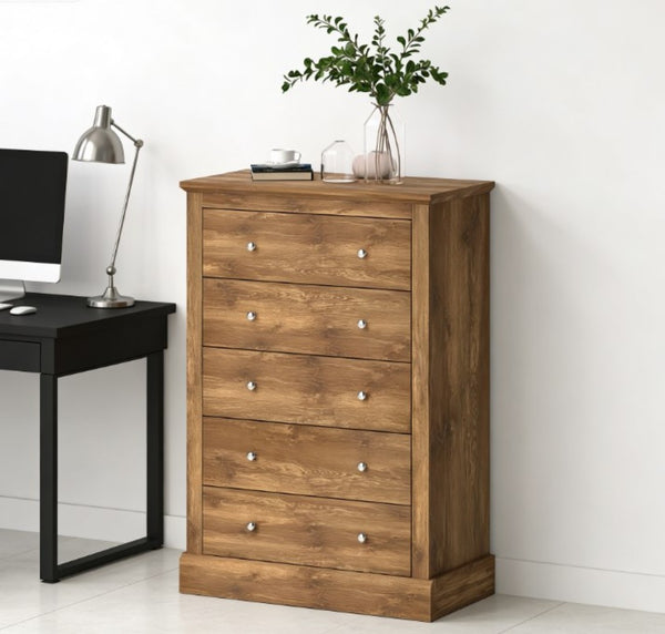 English Elm Dresser Farmhouse Five Drawer Chest Warm Brown Rustic Storage for Bedroom or Entryway T3971P431327