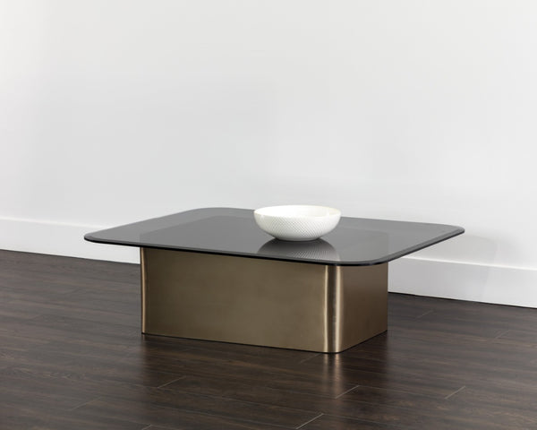 Sunpan AMADEUS Coffee Table – Contemporary Design with Antique Brass Base & Grey Glass Top for Modern Living 108042