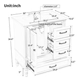 English Elm 30" Bathroom Vanity With Sink, Bathroom Cabinet With A Door, Three Drawers, Solid Wood Legs & Mdf Board, Adiustable Foot Pads, White