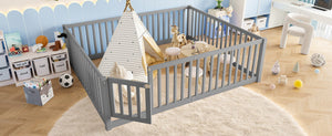 English Elm Queen Kids Floor Bed Pine Wood Frame with Safety Rails Door and Low Profile Design Gray W1580P418053