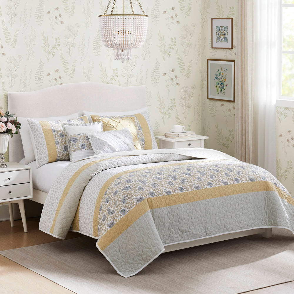 English Elm 6 Madison Park Dawn Cotton Percale Reversible Quilt Set Full/Queen Paisley Pintuck Lace Taping Vintage Chic Comfort Yellow 17.72 L x 22.83 W x 8.66 H B035129027