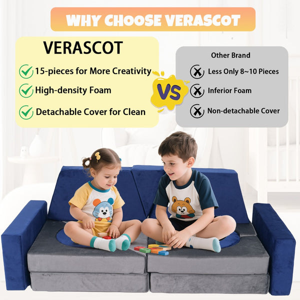 English Elm 15pcs Modular Toddler Play Couch Set Velvet Foam Fort Building Playroom Seating Blue+Grey T5880P493418