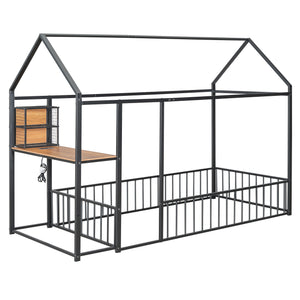 English Elm Twin House Bed Frame with Roof & Fence, Metal Twin Loft with Built-In Desk Shelves USB Outlets Black N737P173490B