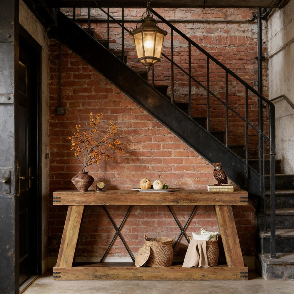 English Elm Coffee Console Table Industrial Metal Frame Vintage Wood Grain 2 Tier Entryway Sofa T3971P449920