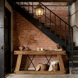 English Elm Coffee Console Table Industrial Metal Frame Vintage Wood Grain 2 Tier Entryway Sofa T3971P449920