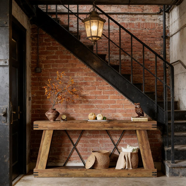 English Elm Coffee Console Table Industrial Metal Frame Vintage Wood Grain 2 Tier Entryway Sofa T3971P449920