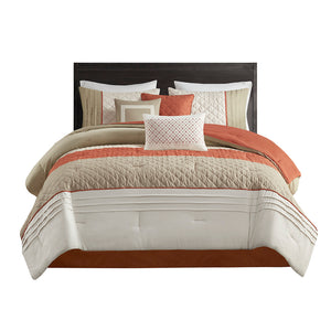 JLA Home Madison Park - 7 Piece Color Block Stripe Comforter Set with Textured Embroidered Pillows, Hypoallergenic, OEKO-TEX Certified Spice MP10-8324