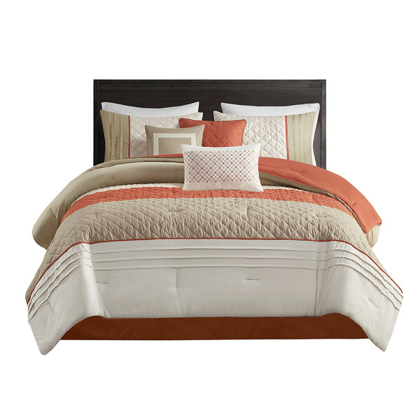 JLA Home Madison Park - 7 Piece Color Block Stripe Comforter Set with Embroidered Pillows, Hypoallergenic Microfiber, OEKO-TEX Care Spice MP10-8326