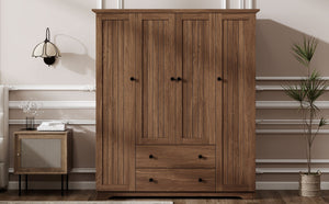 English Elm 4 Door Wardrobe Armoire Closet with 2 Drawers Rustic Pine & MDF Storage Cabinet with Shelves and Hanging Space Brown N7090001842D