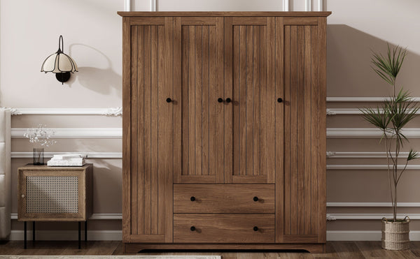 English Elm 4 Door Wardrobe Armoire Closet with 2 Drawers Rustic Pine & MDF Storage Cabinet with Shelves and Hanging Space Brown N7090001842D