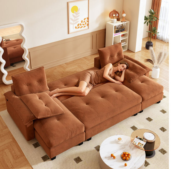 English Elm 104.7" U-Shaped Sleeper Sofa with Pull-Out Bed, Convertible Modular Sectional with Chaise, USB Ports, Chenille Upholstery Orange W1885S00213