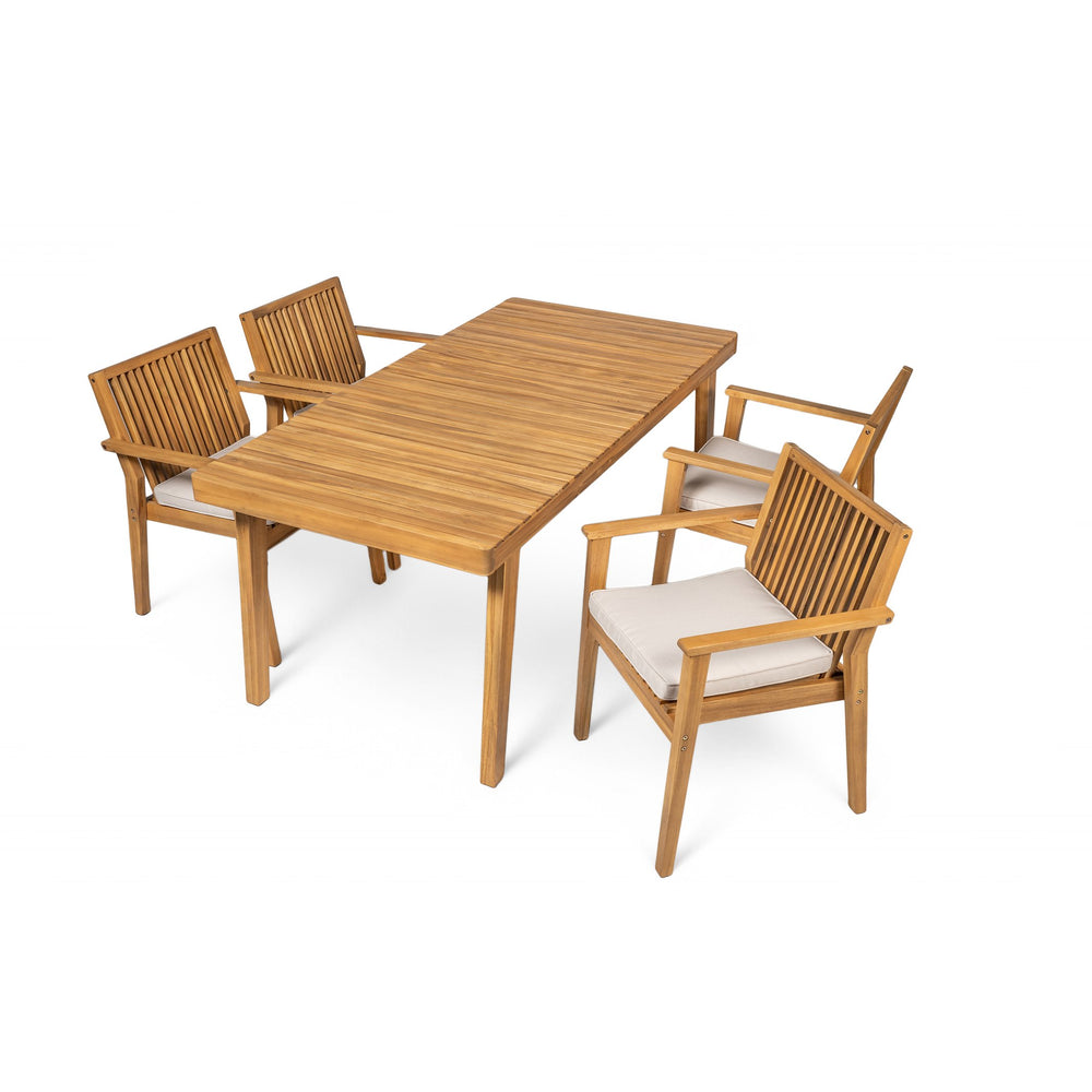 English Elm Christopher Knight Home® - Durable 5-Piece Outdoor Dining Set - Acacia Wood Table & 4 Heavy-Duty Cushioned Chairs, Natural Finish N779P234497N-2_N779P234500N