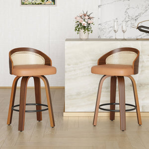 English Elm Swivel Counter Stools Set of 2 Rattan Back Pu Seat Mid Century Wood Frame Kitchen Yellow T3623P431183