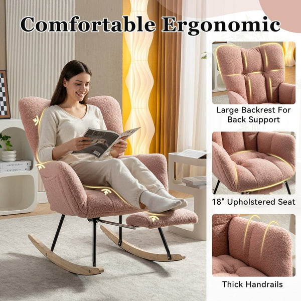 English Elm 067-teddy Fabric High Back Nursery Rocking Chair with Adjustable Footrest and Storage Pocket Pink W527P420900