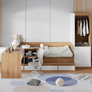 English Elm Full Size Wooden Platform Bed With 6 Drawers, Desk, Shelves & Wardrobe - Stylish Natural Finish N820S00060N