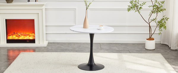 English Elm Round Faux Marble Tulip Pedestal Dining Table Mid Century Modern for Small Bistro Spaces Black White W2920P400972