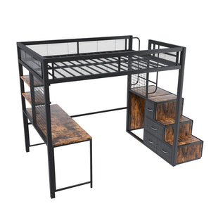 English Elm Full Loft Bed with Desk, 4 Cabinets & Staircase Storage — Metal Frame, Built-In USB/Outlets, Space-Saver Black W2700S00061