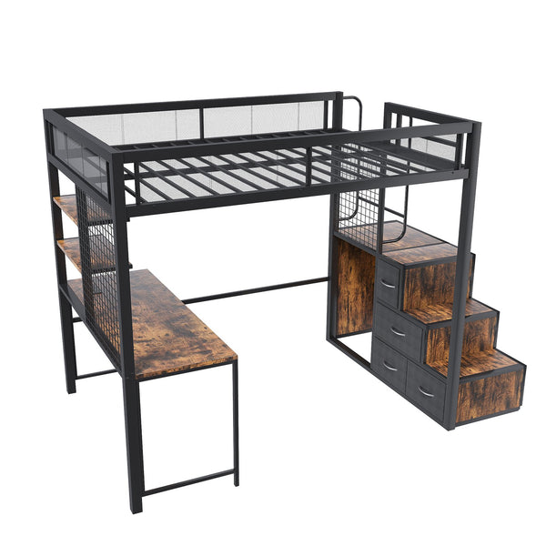 English Elm Full Loft Bed with Desk, 4 Cabinets & Staircase Storage — Metal Frame, Built-In USB/Outlets, Space-Saver Black W2700S00061