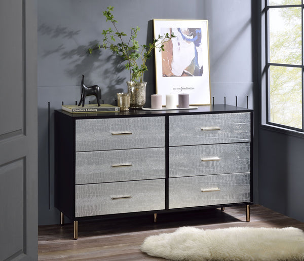 English Elm Myles Faux Crocodile Six-Drawer Dresser with Metal Legs, Full KD Frame, Durable Veneer Finish Black,Gold,Silver 54 L x 22 W x 9 H B2726P286618