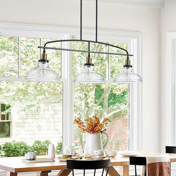 English Elm 45" Industrial 3-Light Pendant Chandelier with Clear Glass Shades, Black Metal, Adjustable Height, Modern Farmhouse Lighting for Kitchen Island and Dining Areas W1340P253586